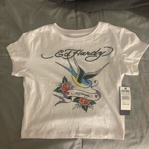 Ed Hardy  White Tee with Colorful Bird Graphic